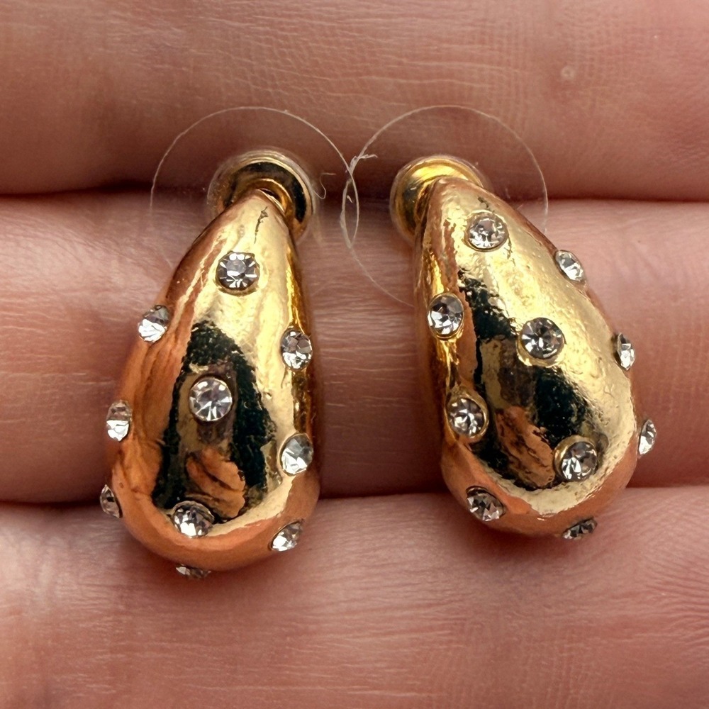 Gold Teardrop Earrings Rhinestones Studs Dangle Hoop Women's Fashion‎ Jewelry - Picture 3 of 7